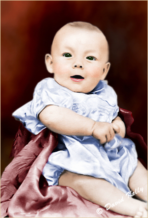 !940's baby portrait, fixed and hand coloured version.